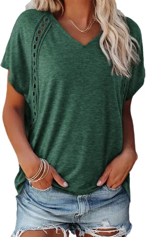 EVALESS Womens Fashion Oversized Summer Tops Casual Short Sleeve V Neck Lace Patchwork Shirts 2025 Basic T-Shirts Tee Blouses