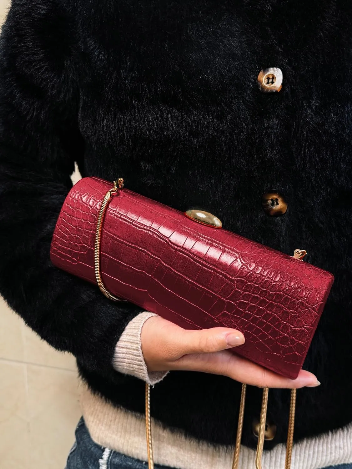 Evening Clutch Purses for Women Elegant Crocodile Embossed Shoulder Handbag PU Leather Magnet Crossbody Bag with Chain