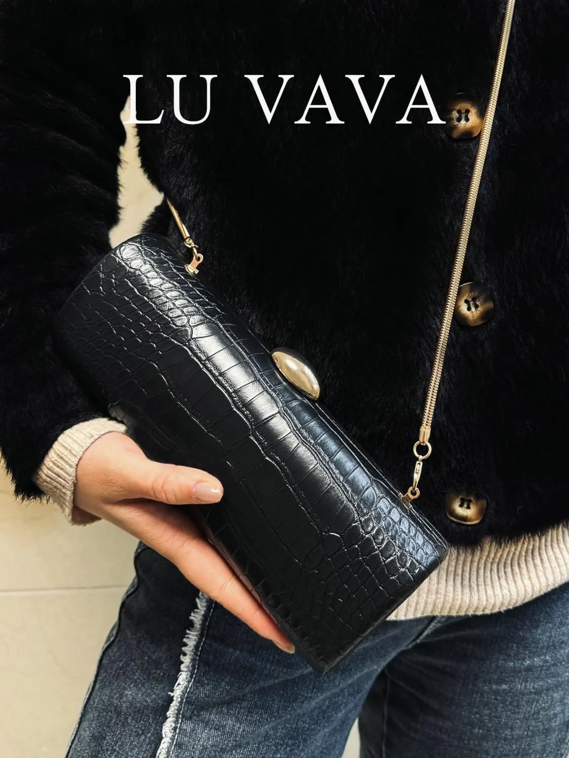 Evening Clutch Purses for Women Elegant Crocodile Embossed Shoulder Handbag PU Leather Magnet Crossbody Bag with Chain