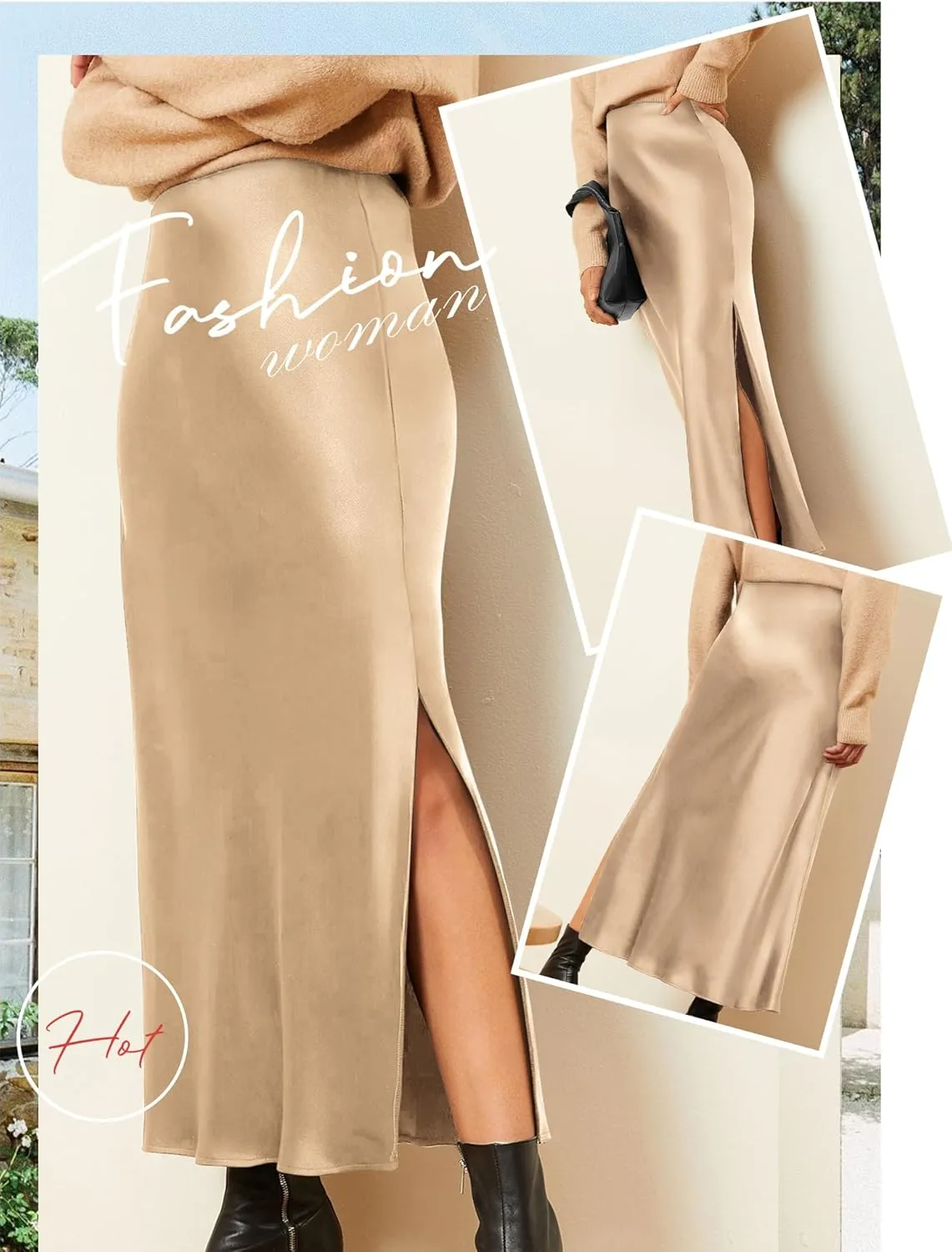 Ezcosplay Women Satin Silk Side Slit Maxi Skirt High Waisted Elastic Waist Silky Split Long Skirts