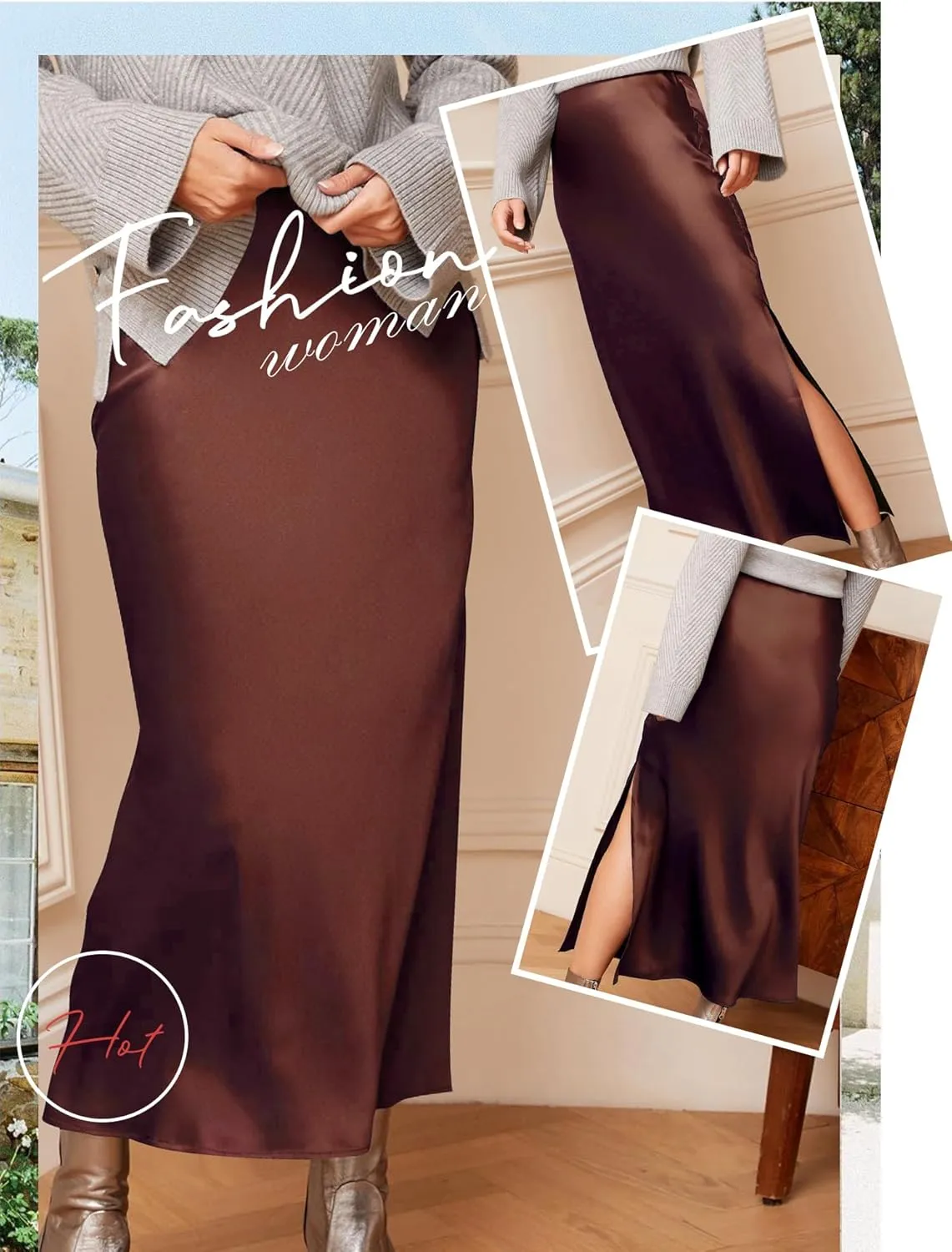 Ezcosplay Women Satin Silk Side Slit Maxi Skirt High Waisted Elastic Waist Silky Split Long Skirts