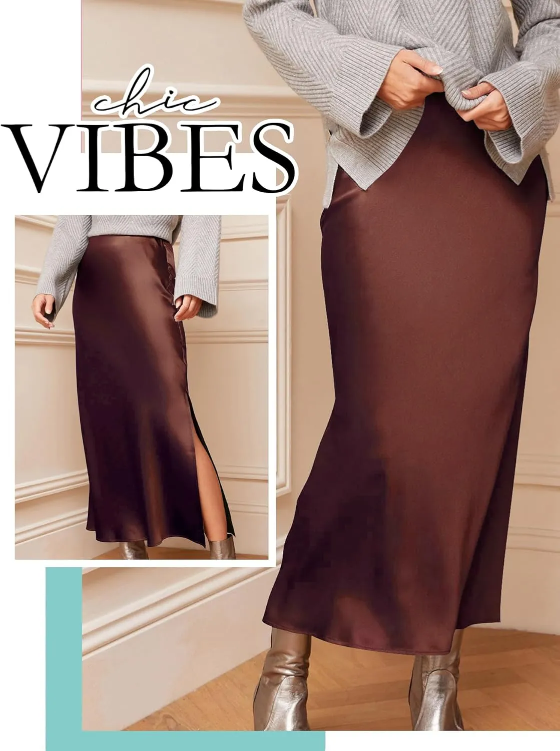Ezcosplay Women Satin Silk Side Slit Maxi Skirt High Waisted Elastic Waist Silky Split Long Skirts