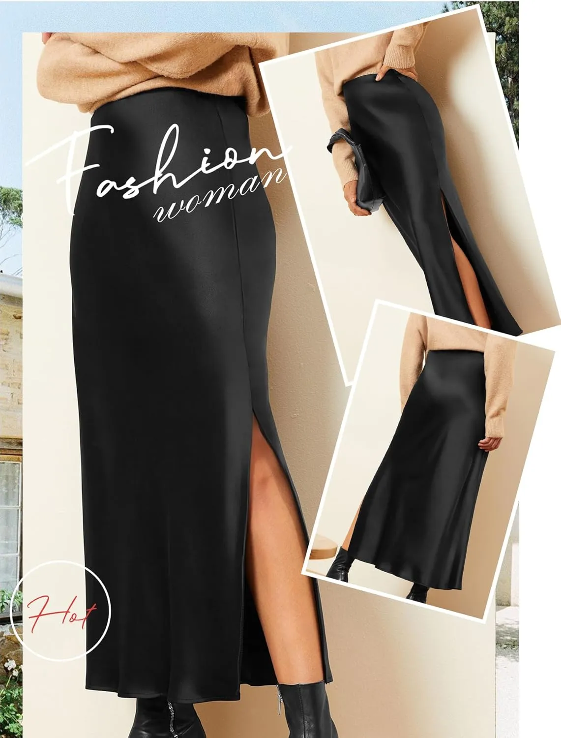 Ezcosplay Women Satin Silk Side Slit Maxi Skirt High Waisted Elastic Waist Silky Split Long Skirts