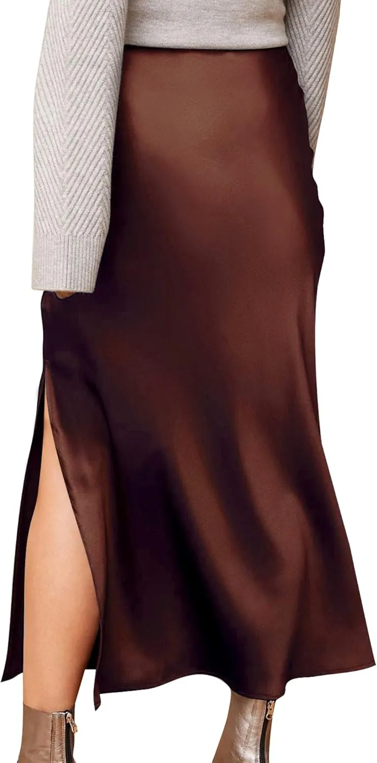Ezcosplay Women Satin Silk Side Slit Maxi Skirt High Waisted Elastic Waist Silky Split Long Skirts