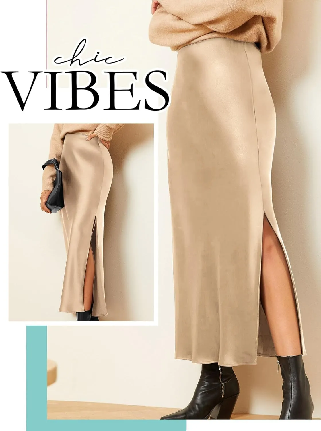 Ezcosplay Women Satin Silk Side Slit Maxi Skirt High Waisted Elastic Waist Silky Split Long Skirts