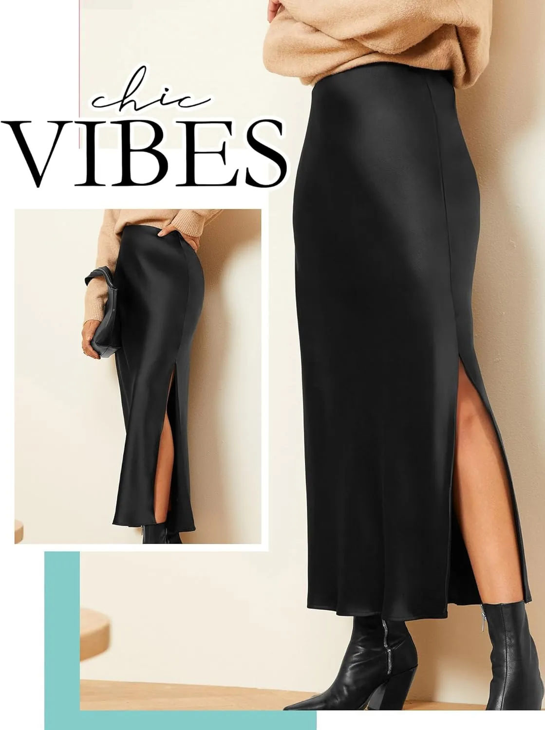 Ezcosplay Women Satin Silk Side Slit Maxi Skirt High Waisted Elastic Waist Silky Split Long Skirts