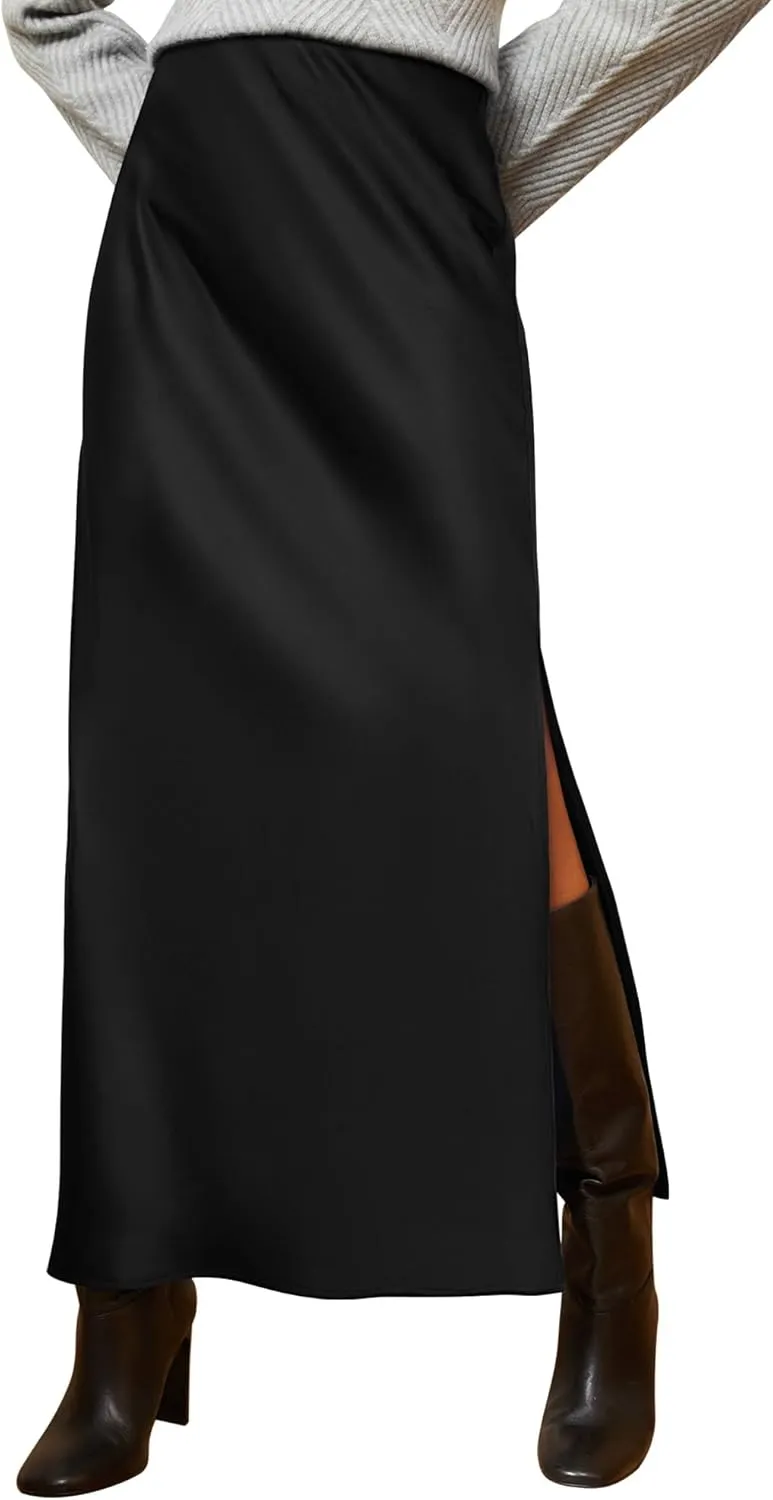 Ezcosplay Women Satin Silk Side Slit Maxi Skirt High Waisted Elastic Waist Silky Split Long Skirts