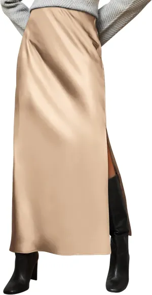 Ezcosplay Women Satin Silk Side Slit Maxi Skirt High Waisted Elastic Waist Silky Split Long Skirts