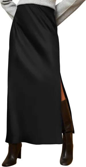 Ezcosplay Women Satin Silk Side Slit Maxi Skirt High Waisted Elastic Waist Silky Split Long Skirts