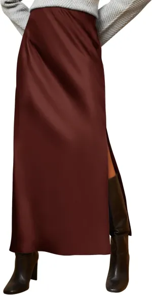 Ezcosplay Women Satin Silk Side Slit Maxi Skirt High Waisted Elastic Waist Silky Split Long Skirts