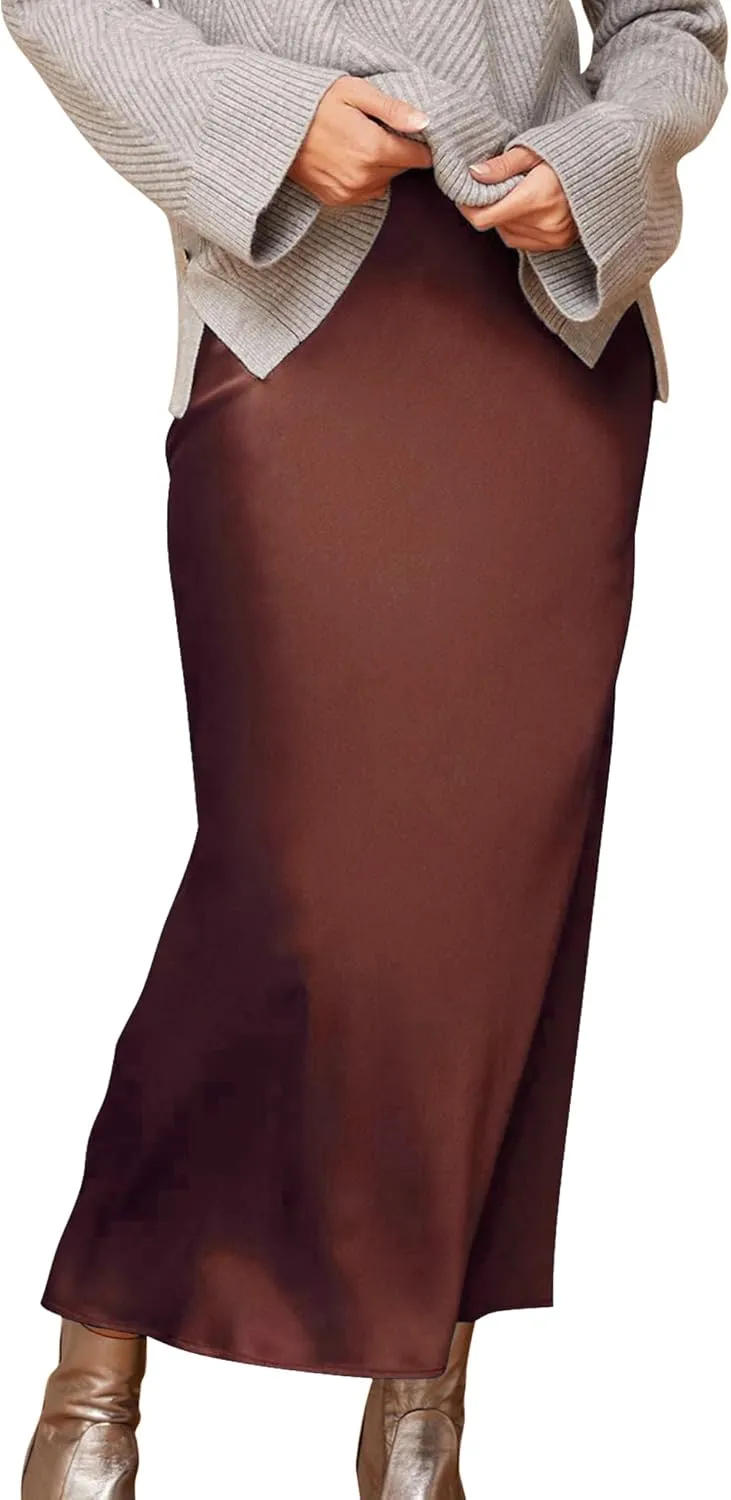 Ezcosplay Women Satin Silk Side Slit Maxi Skirt High Waisted Elastic Waist Silky Split Long Skirts