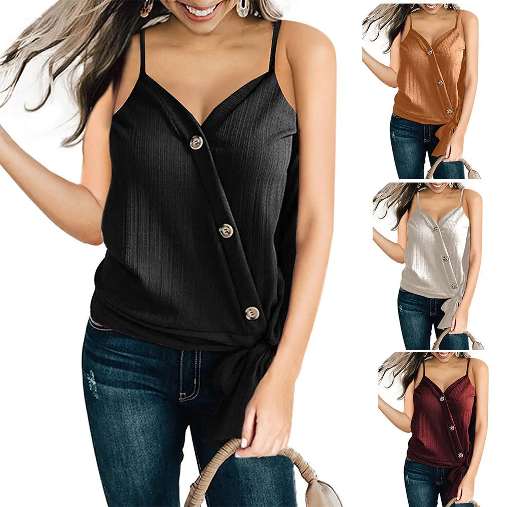 Fashion Chiffon Casual V-Neck Buttoned Knotted T-Shirt