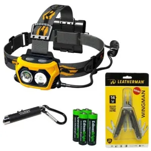 Fenix HP25 360 Lumen LED flood/spot combination light Headlamp with genuine Leatherman Wingman Multi-tool 831426, EdisonBright 3-in-1 Keychain Laser Pointer, UV Light & LED Light, and Four EdisonBright AA Alkaline batteries