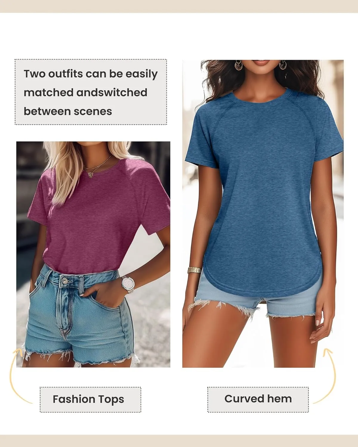 Ficerd 3 Pcs Women Short Sleeve Shirts Curved Hem Top Round Neck Tunics Side Split Summer for Women