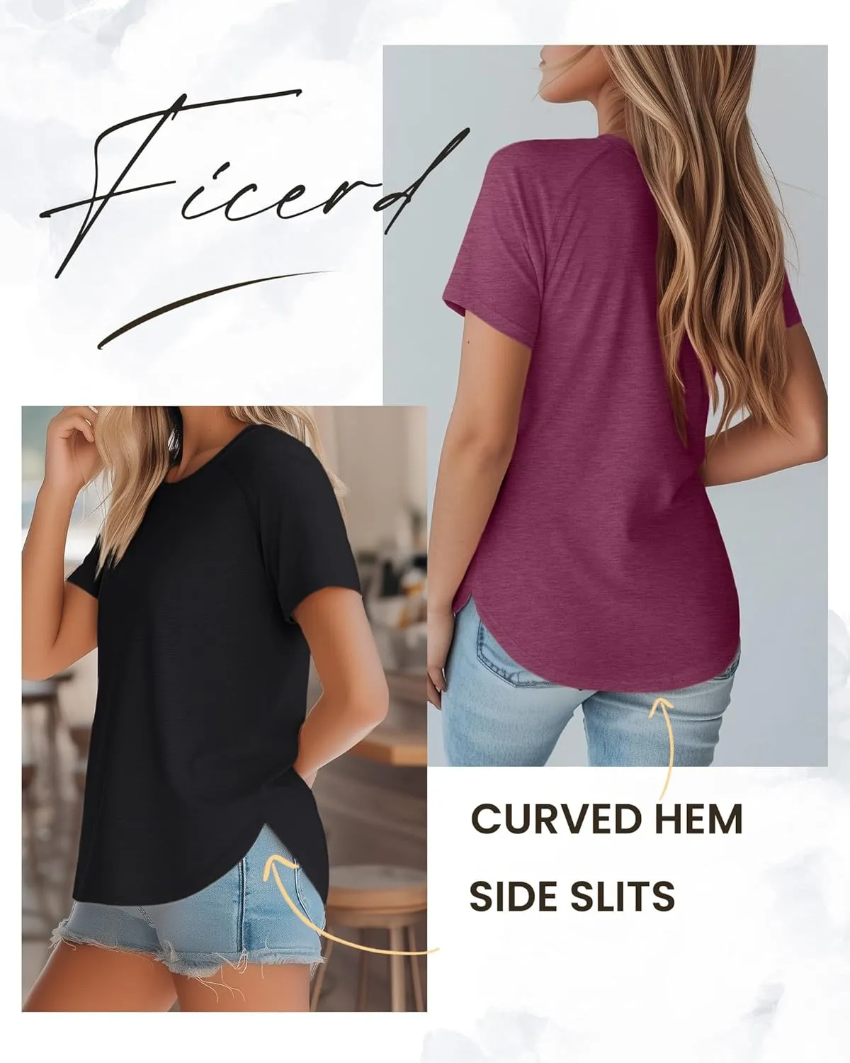 Ficerd 3 Pcs Women Short Sleeve Shirts Curved Hem Top Round Neck Tunics Side Split Summer for Women