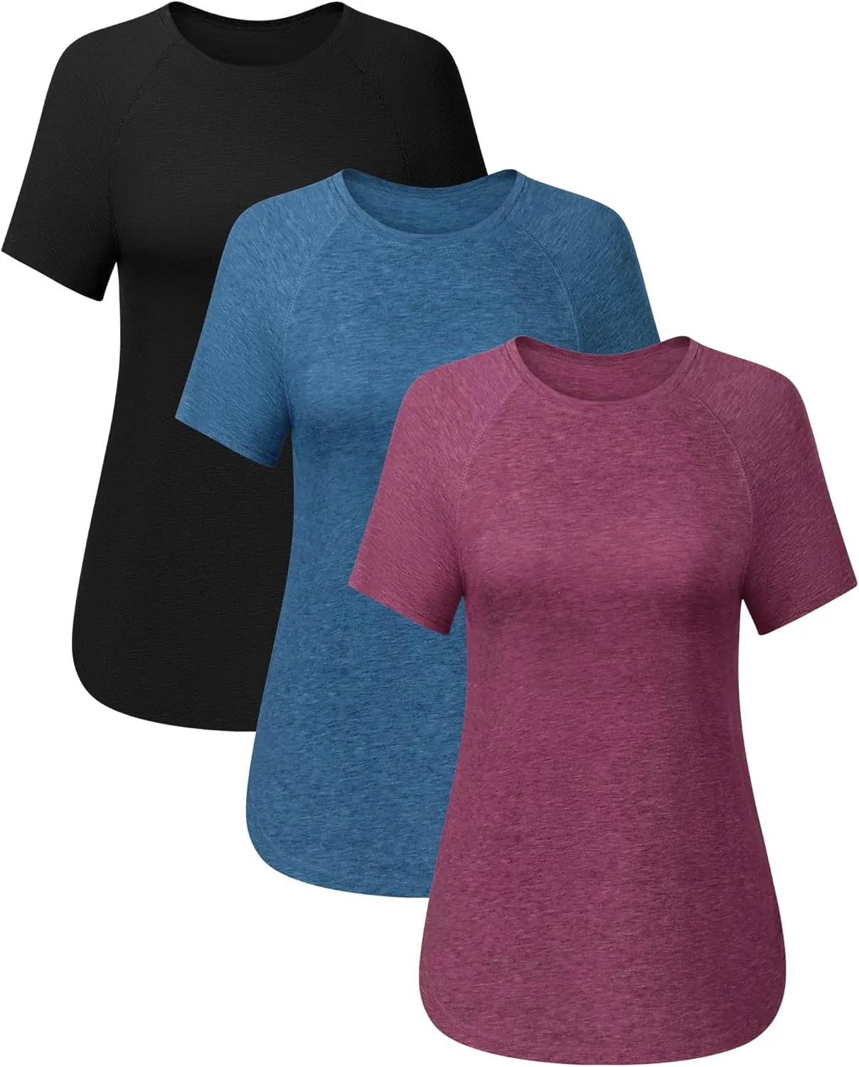Ficerd 3 Pcs Women Short Sleeve Shirts Curved Hem Top Round Neck Tunics Side Split Summer for Women