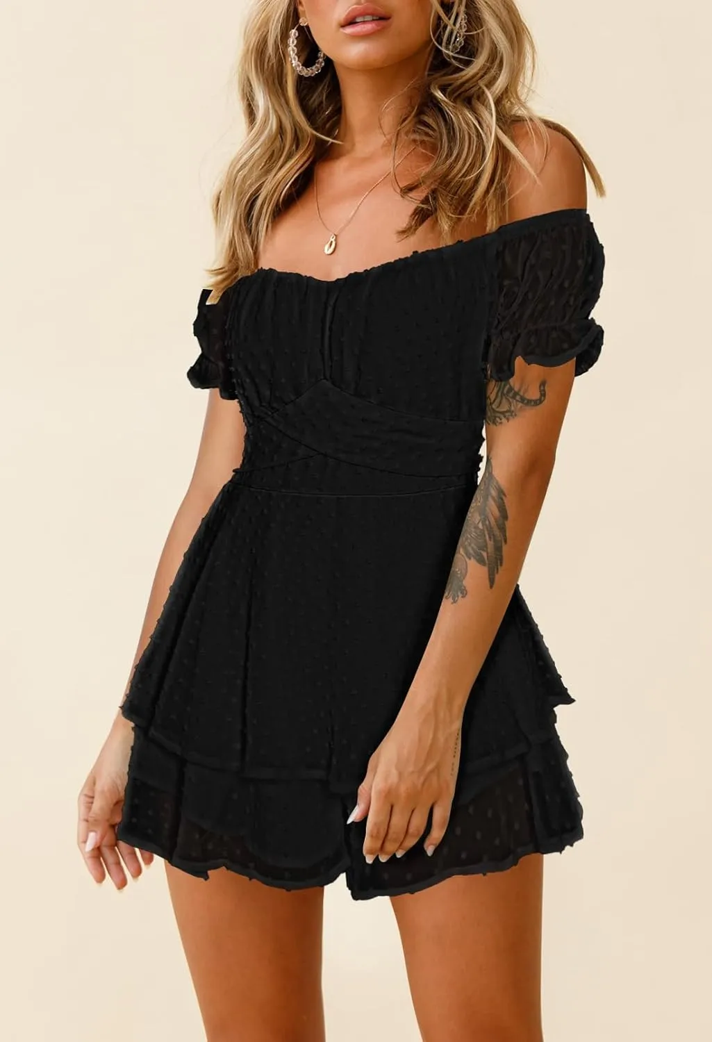 Fixmatti Women Boho Romper Off Shoulder Ruffle Chiffon Shorts Jumpsuit Playsuits