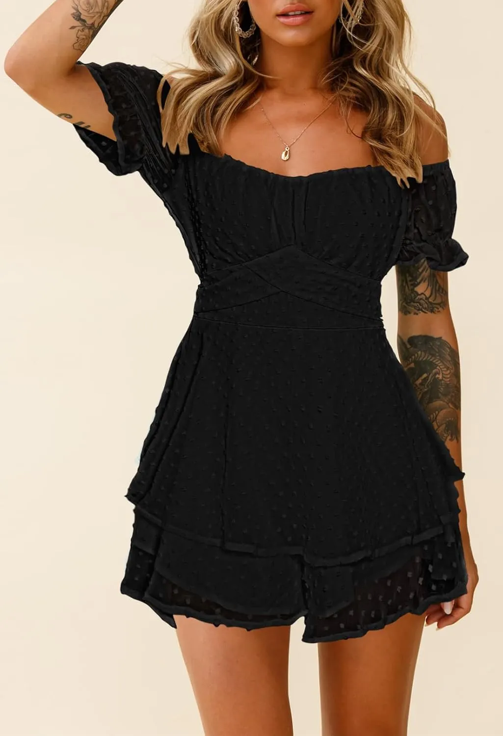 Fixmatti Women Boho Romper Off Shoulder Ruffle Chiffon Shorts Jumpsuit Playsuits