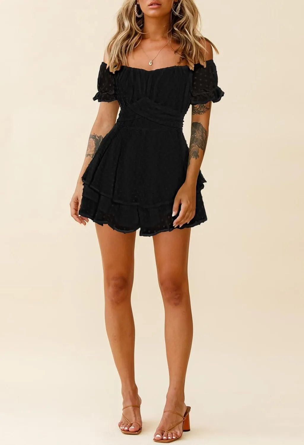 Fixmatti Women Boho Romper Off Shoulder Ruffle Chiffon Shorts Jumpsuit Playsuits