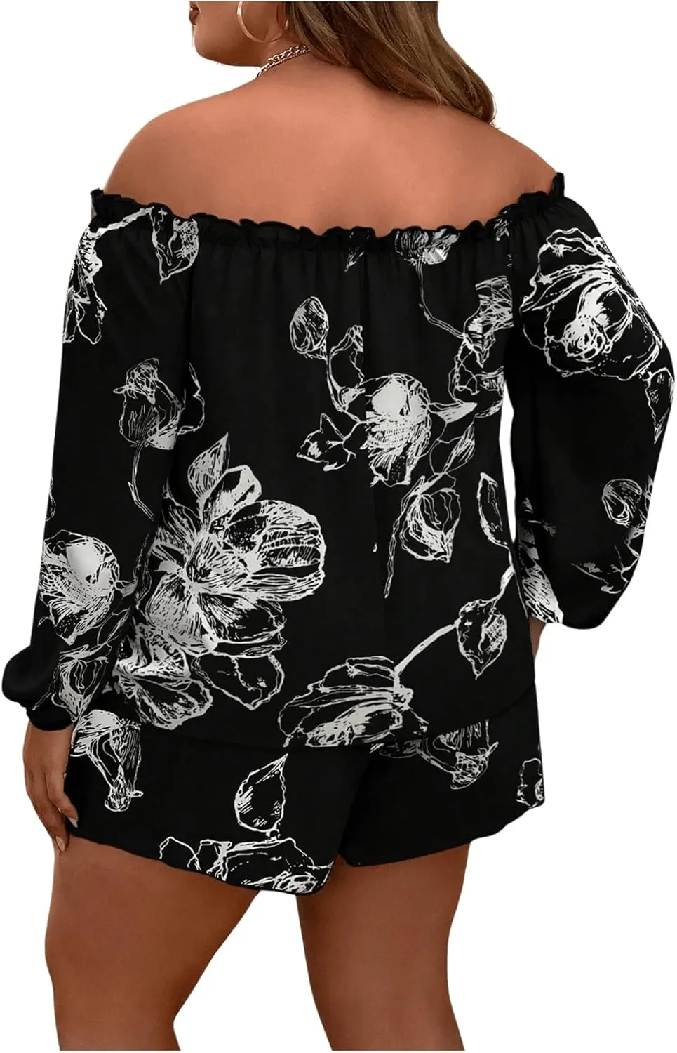 Floerns Women's Plus Size 2 Piece Boho Floral Off Shoulder Frill Trim Drawstring Front Top & Shorts