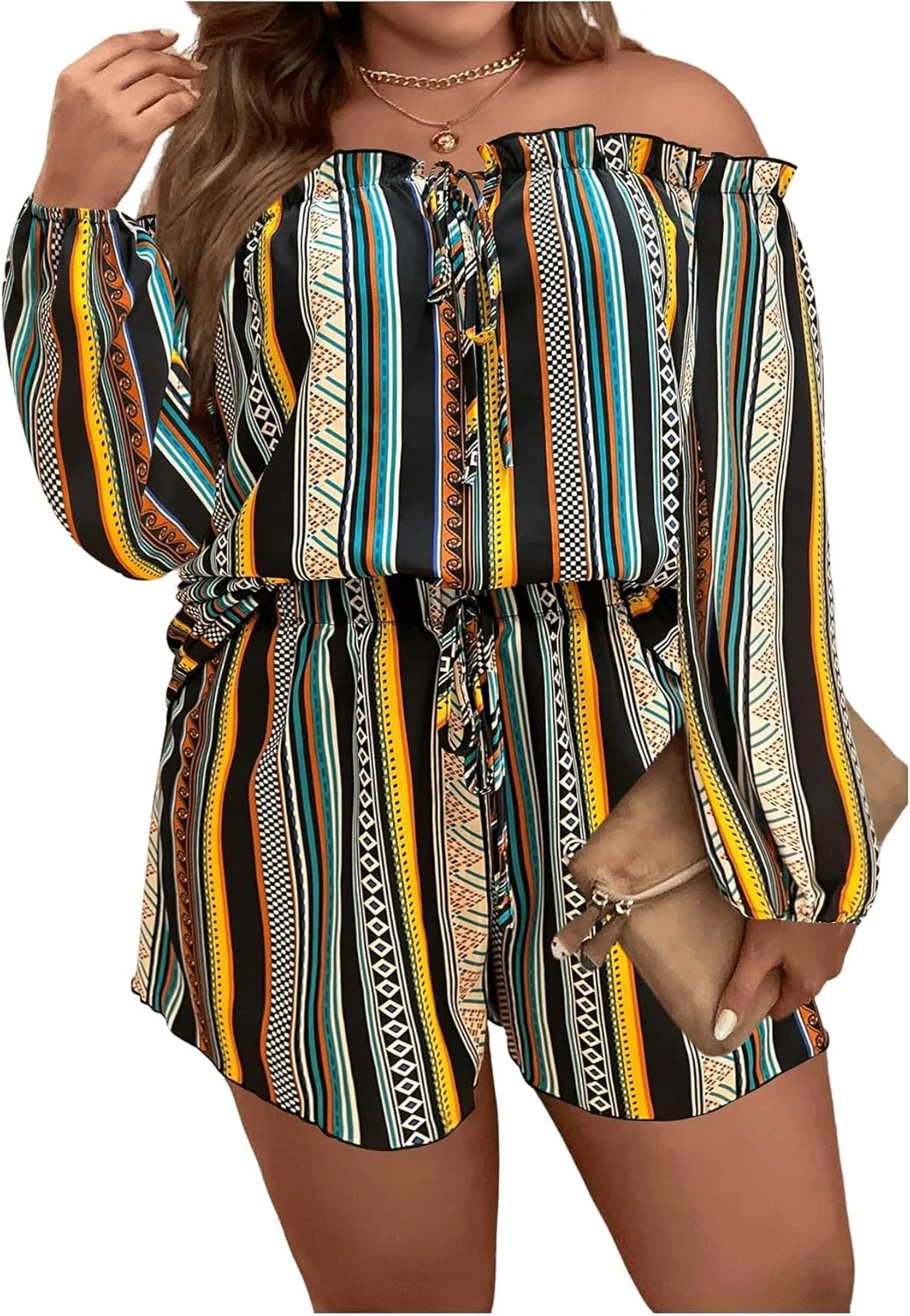 Floerns Women's Plus Size 2 Piece Boho Floral Off Shoulder Frill Trim Drawstring Front Top & Shorts