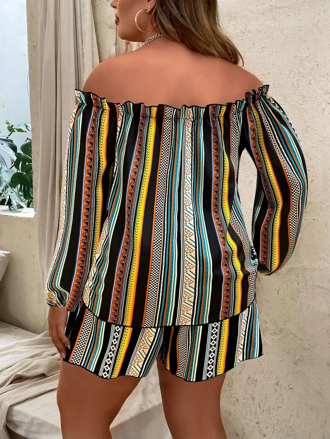 Floerns Women's Plus Size 2 Piece Boho Floral Off Shoulder Frill Trim Drawstring Front Top & Shorts