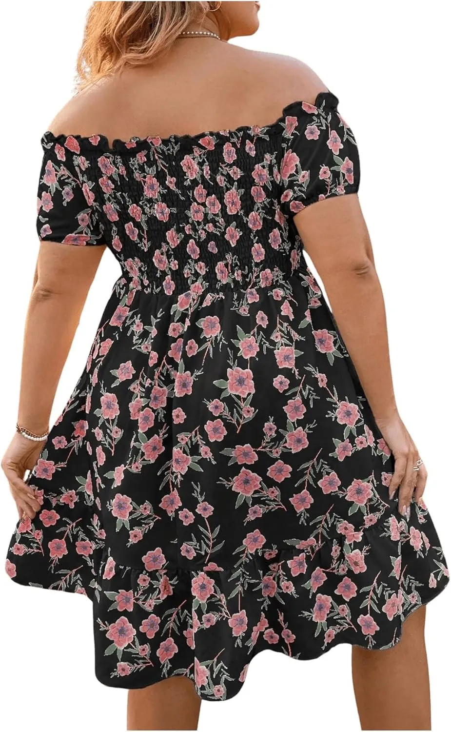 Floerns Women's Plus Size Ruffle Off Shoulder Floral Print Short Summer Dress