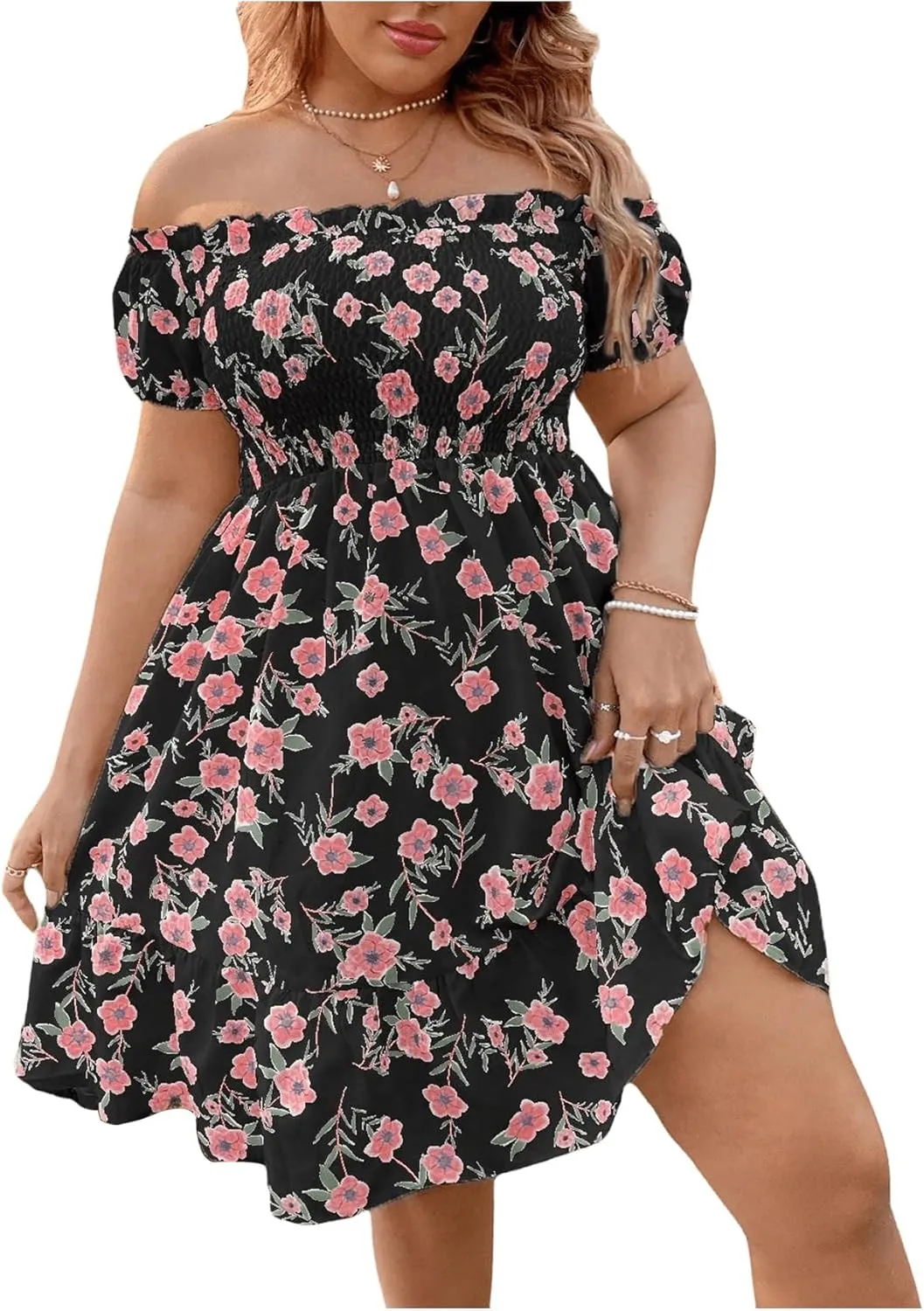 Floerns Women's Plus Size Ruffle Off Shoulder Floral Print Short Summer Dress