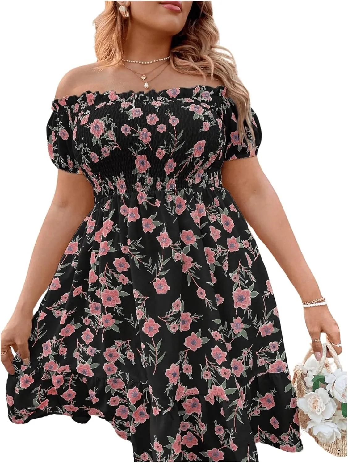 Floerns Women's Plus Size Ruffle Off Shoulder Floral Print Short Summer Dress