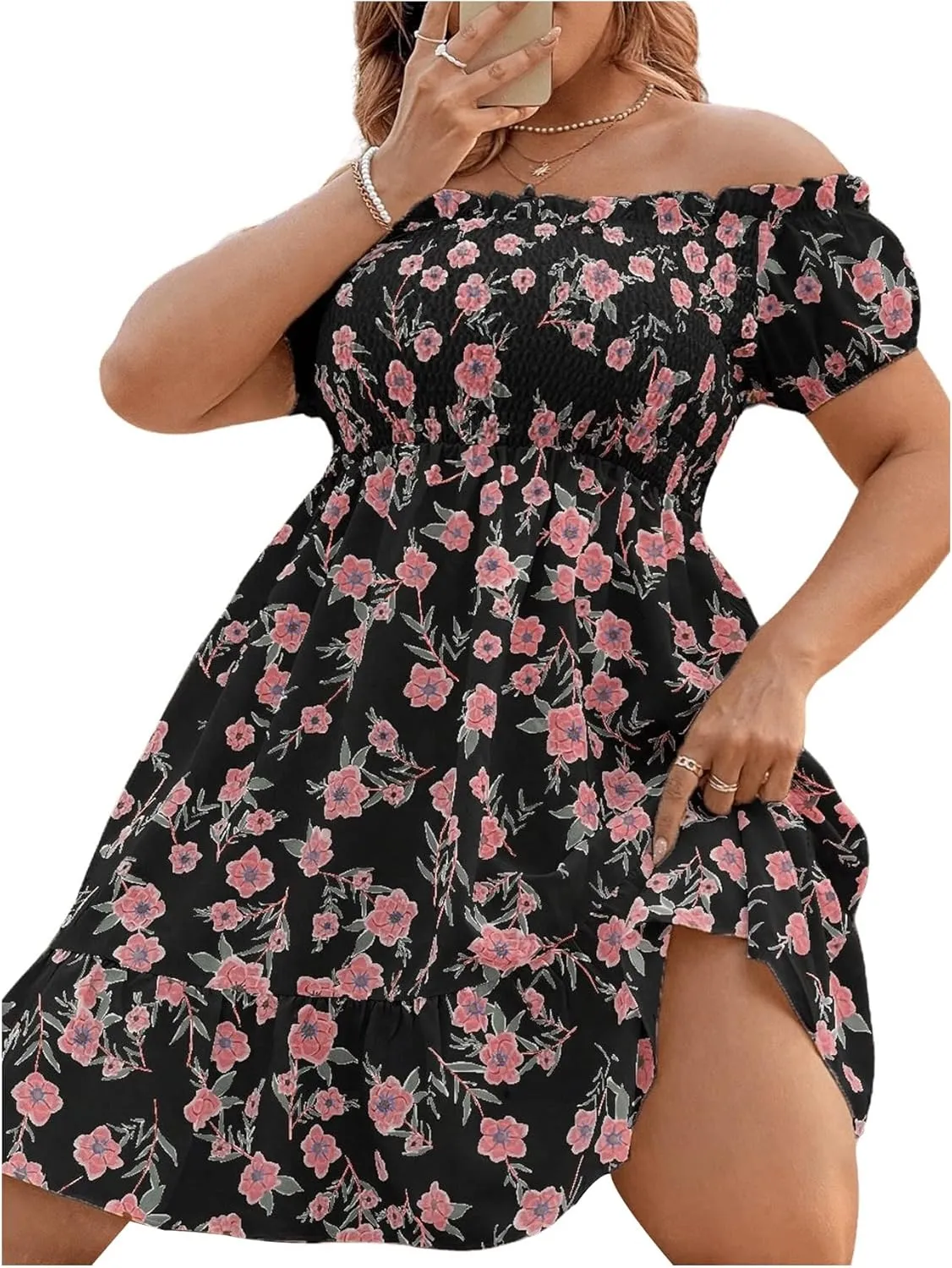 Floerns Women's Plus Size Ruffle Off Shoulder Floral Print Short Summer Dress