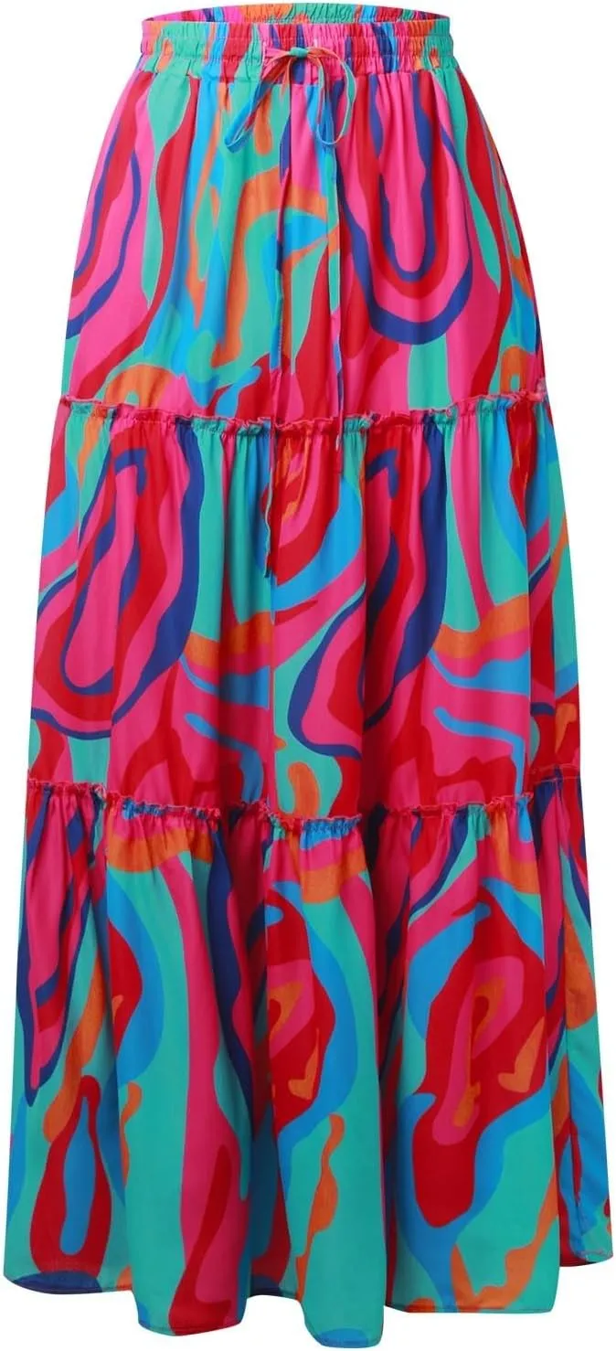 Floral Long Skirts for Women Casual Boho High Waisted Flowy Maxi Skirt Summer Ruffled Tiered Flowy Skorts