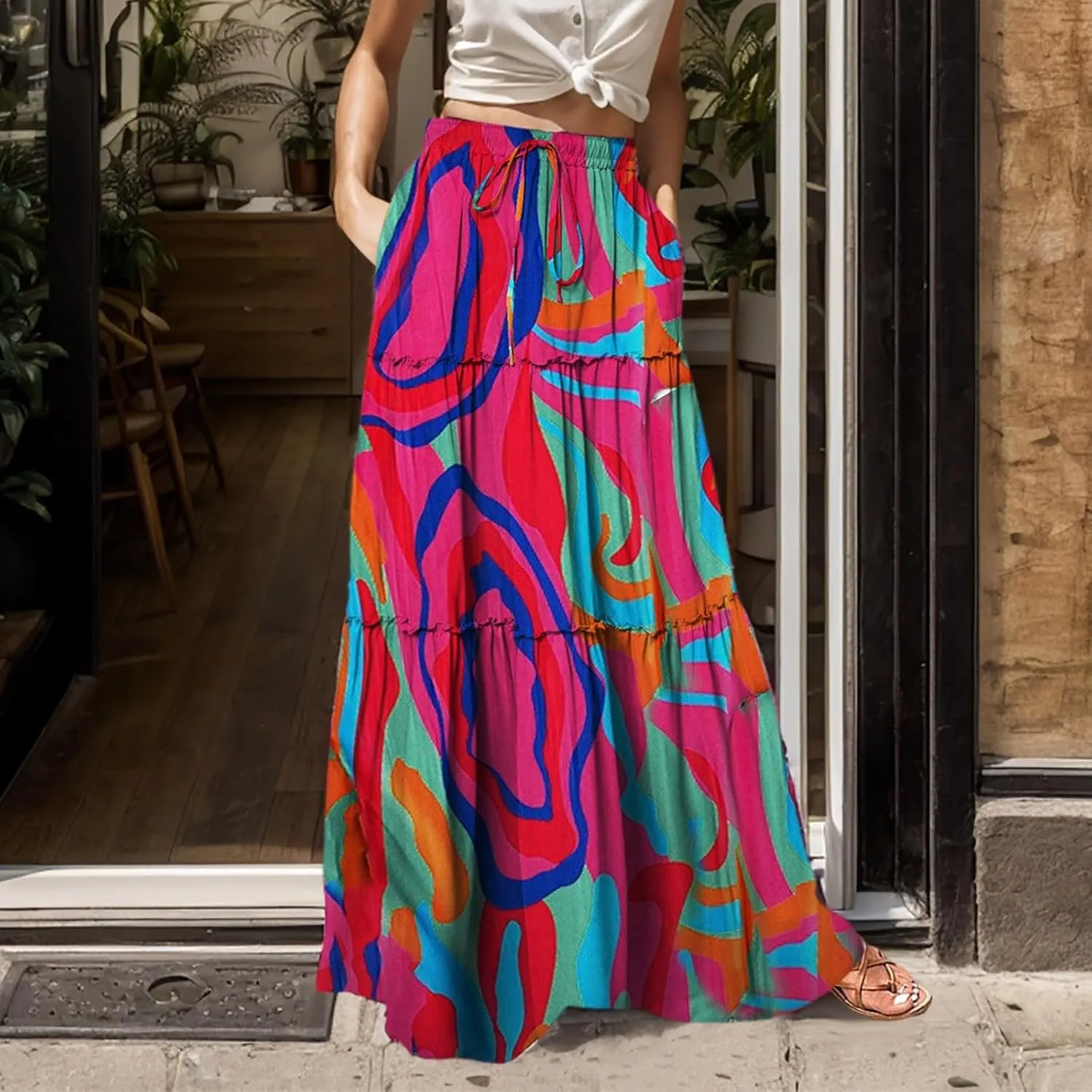 Floral Long Skirts for Women Casual Boho High Waisted Flowy Maxi Skirt Summer Ruffled Tiered Flowy Skorts