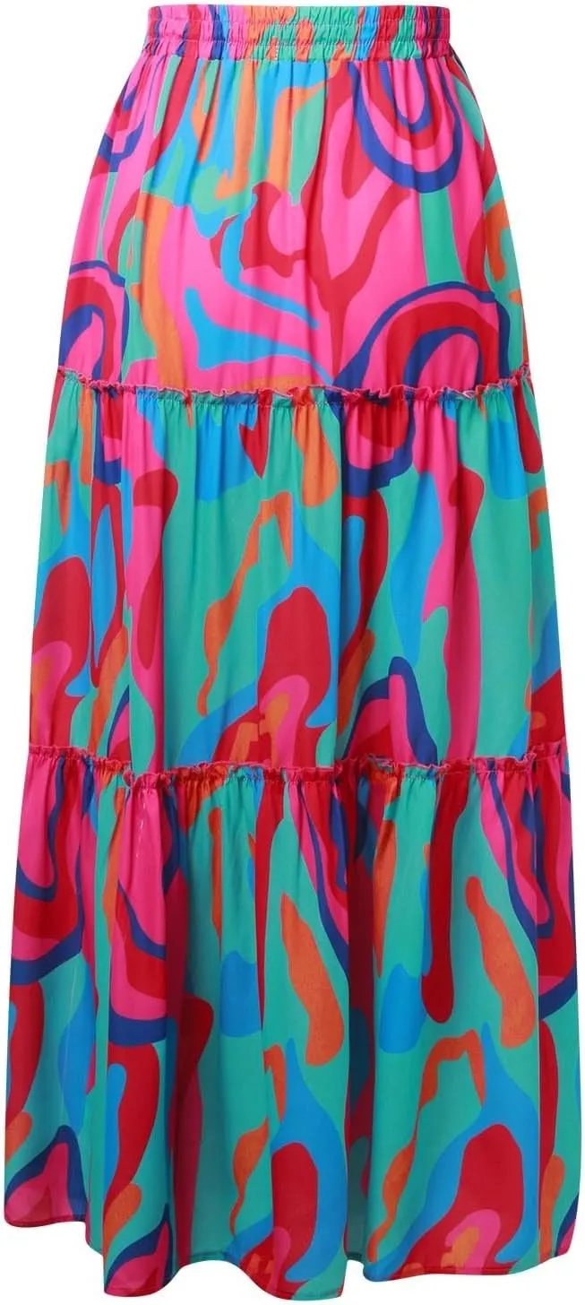 Floral Long Skirts for Women Casual Boho High Waisted Flowy Maxi Skirt Summer Ruffled Tiered Flowy Skorts