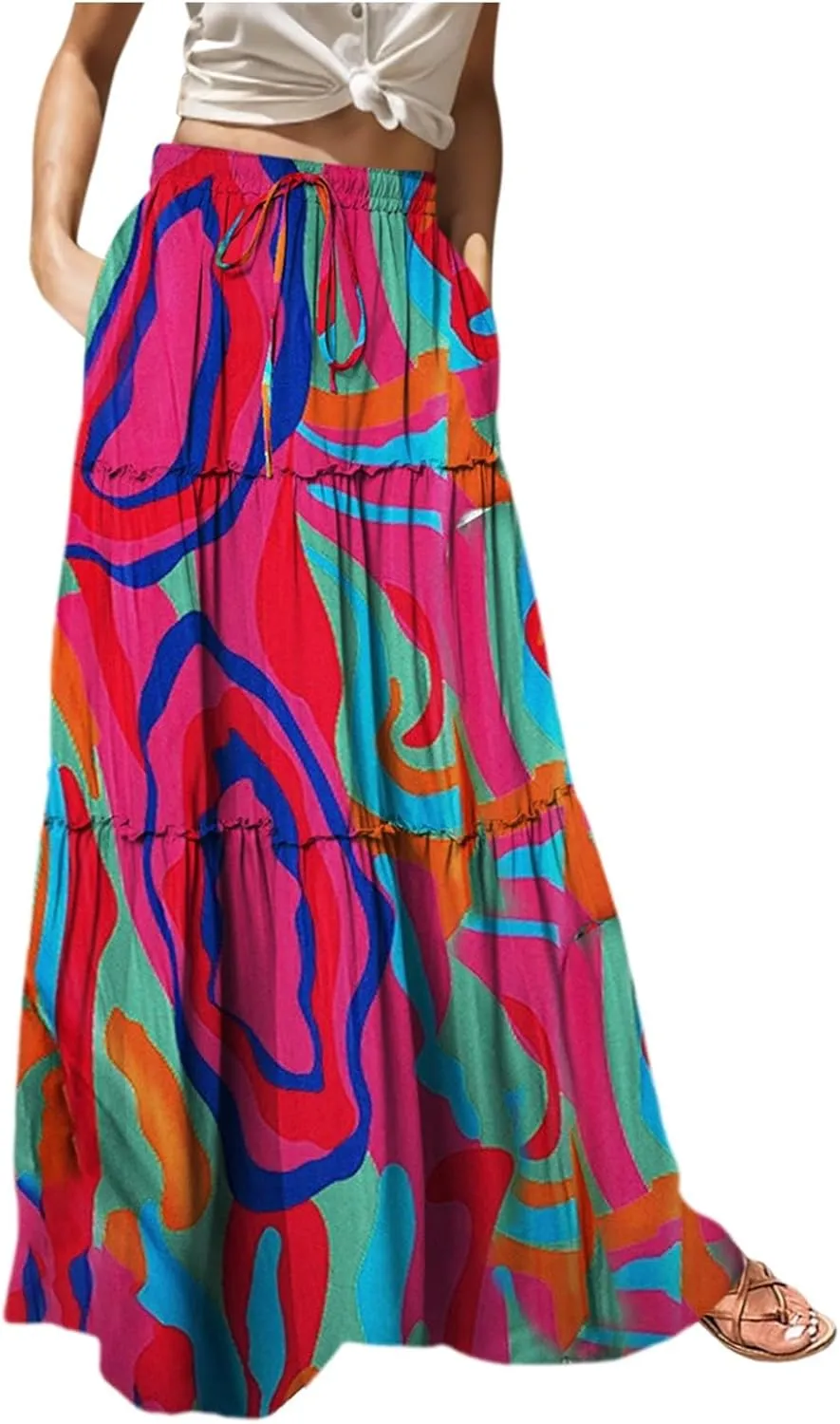 Floral Long Skirts for Women Casual Boho High Waisted Flowy Maxi Skirt Summer Ruffled Tiered Flowy Skorts