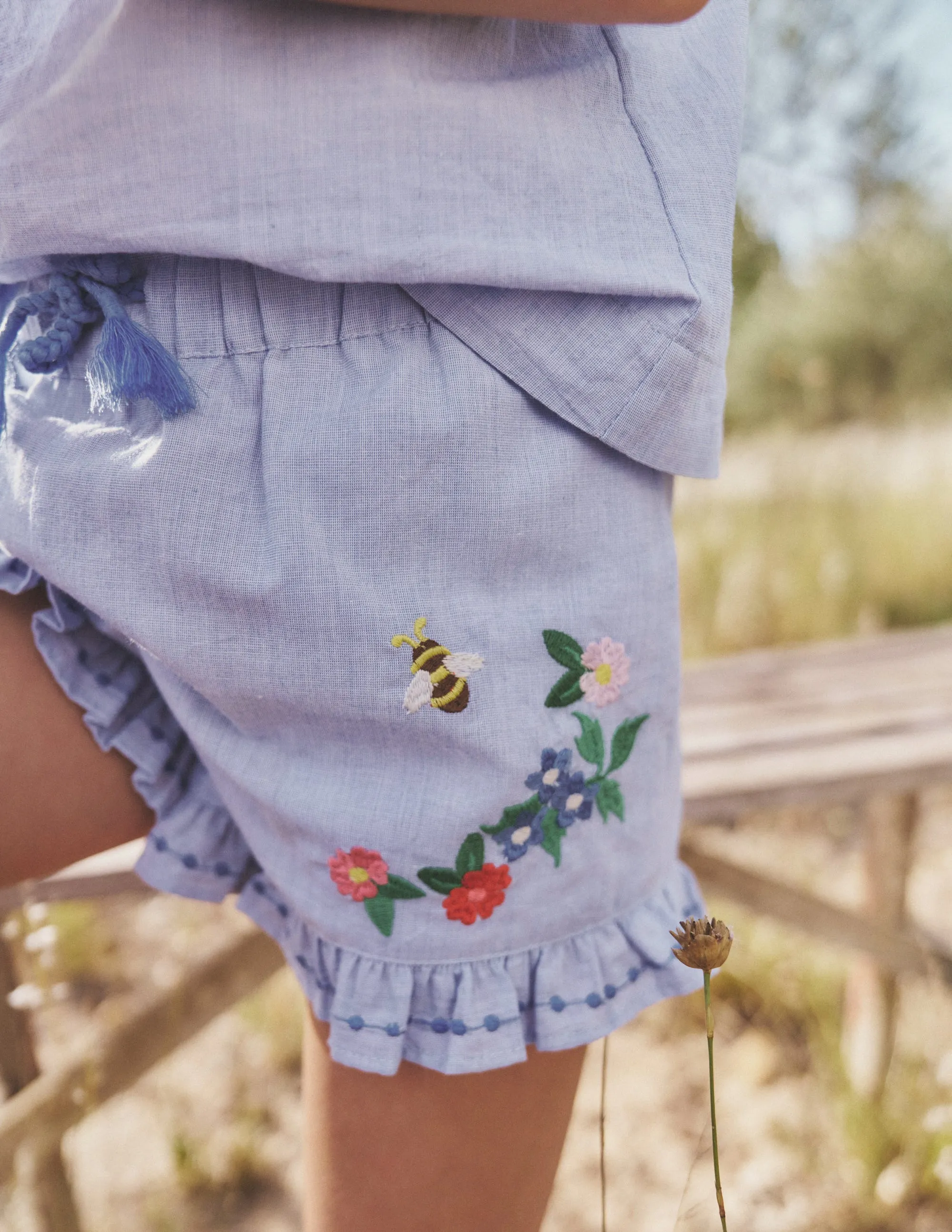 Frill Hem Woven Shorts-End on End Embroidery