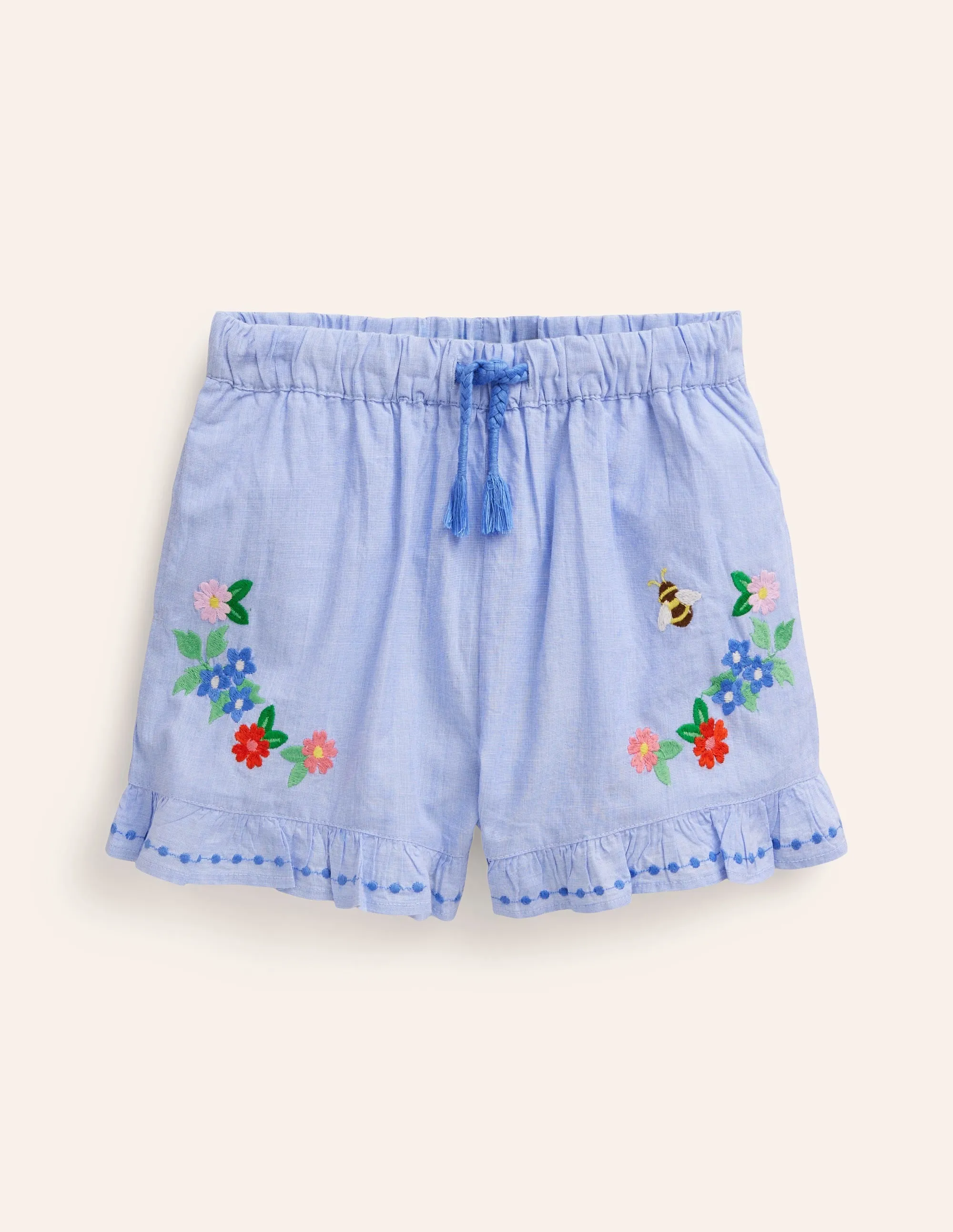 Frill Hem Woven Shorts-End on End Embroidery