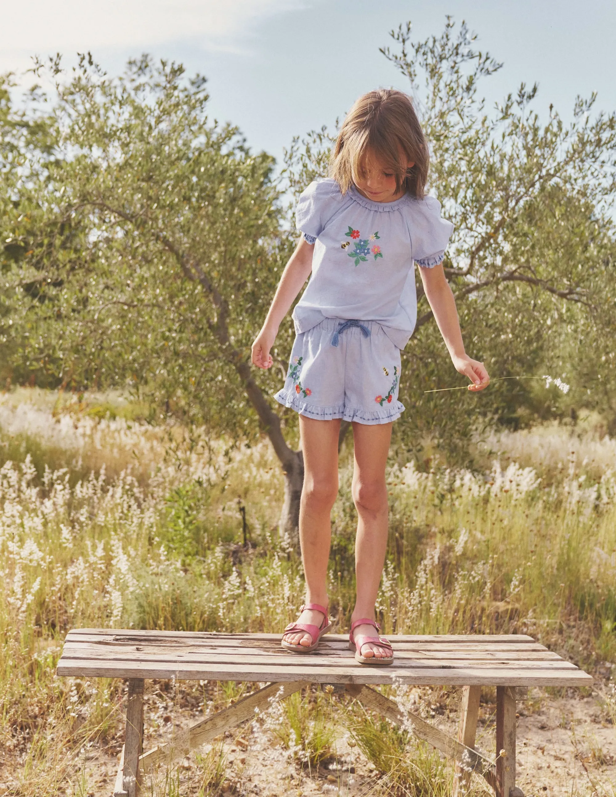 Frill Hem Woven Shorts-End on End Embroidery