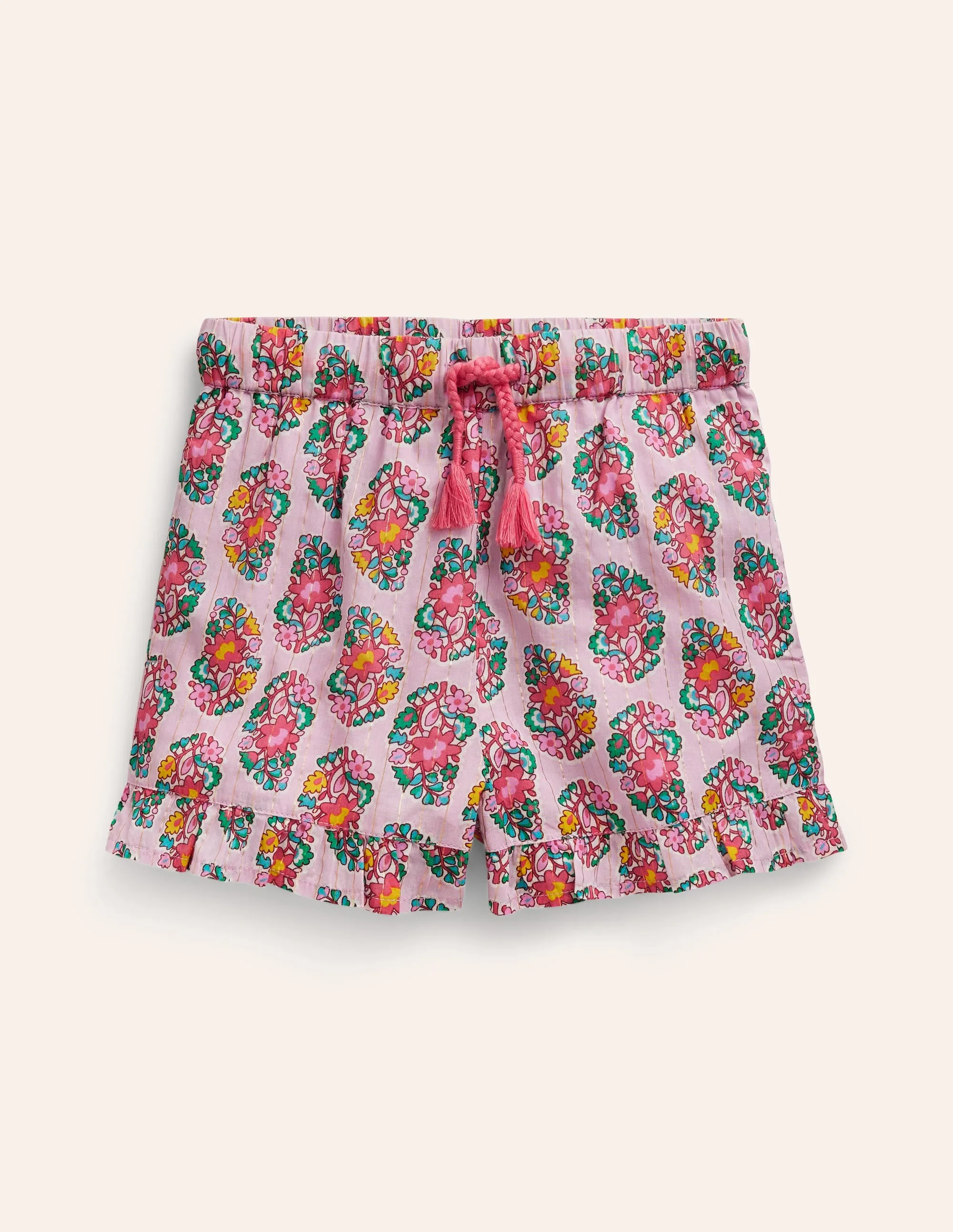 Frill Hem Woven Shorts-Sugared Almond Pink Paisley