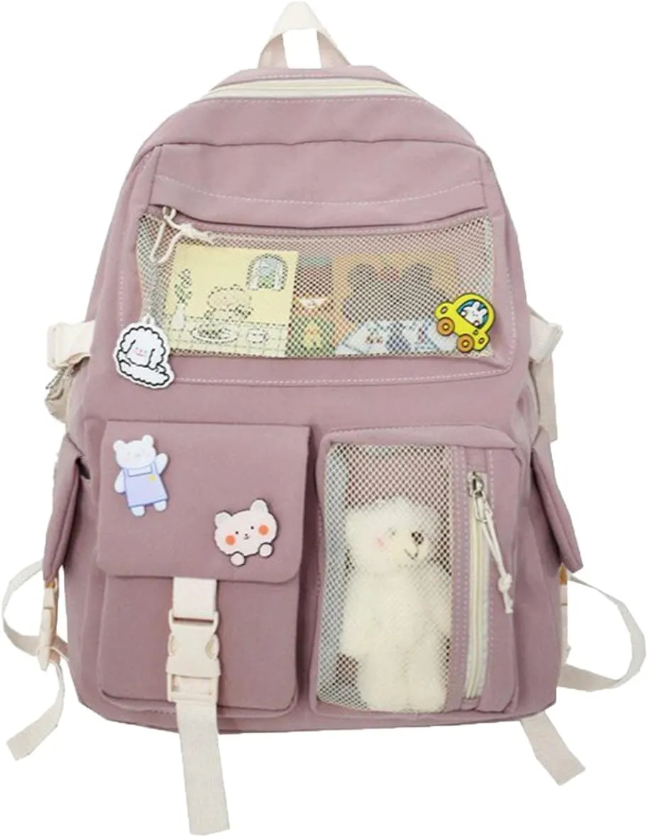 GGOOB Kawaii Backpack with Pin and Accessories - Cute Kawaii School Bag for Girls (Pink)