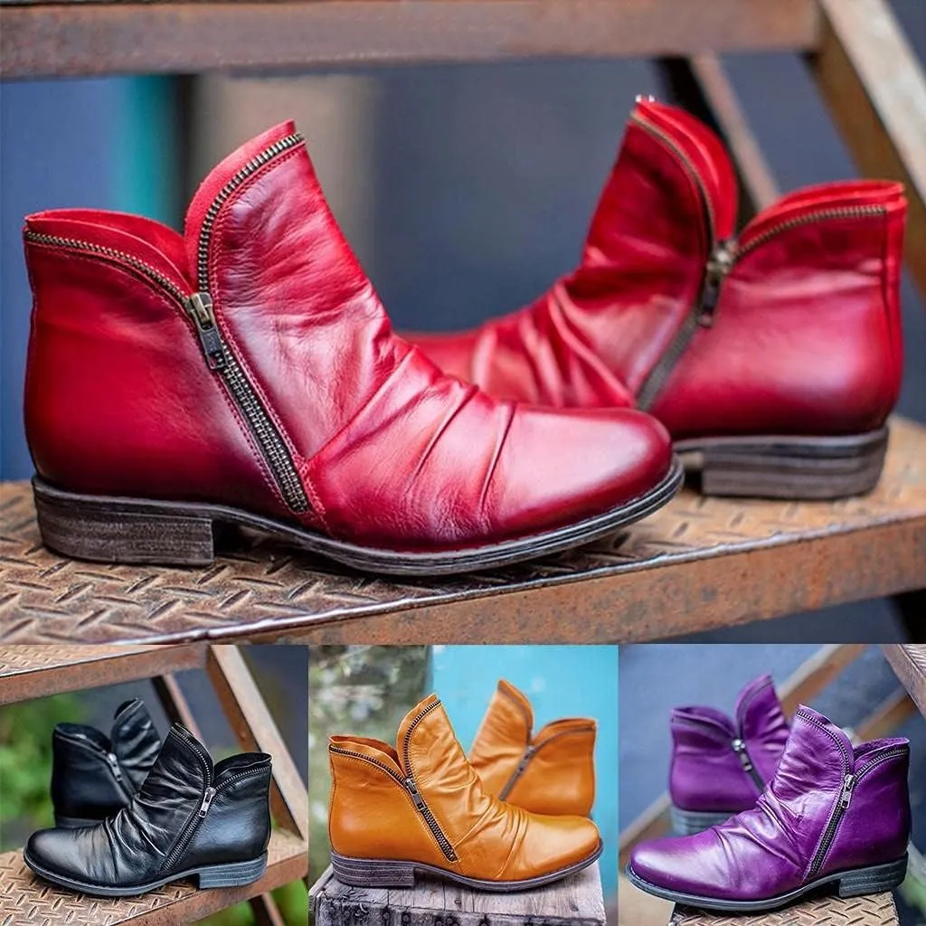 Gibobby Ankle Boots for Women Low Heel Boots Pointed Toe Stacked Mid Heel Ankle Boots V Cut Back Zipper Booties