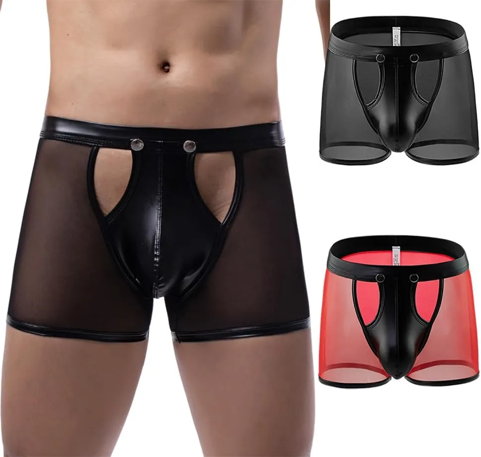Gogobear Mens Underwear Lingerie Boxer Shorts Pants with Removable Pouch See Through Mesh Boxer Briefs Erotic Clubwear