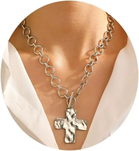 Gold Chunky Cross Chain Necklace for Women Silver Chunky Statement Hammered Bold Cross Necklace Large Statement Pendant Jewelry for Women