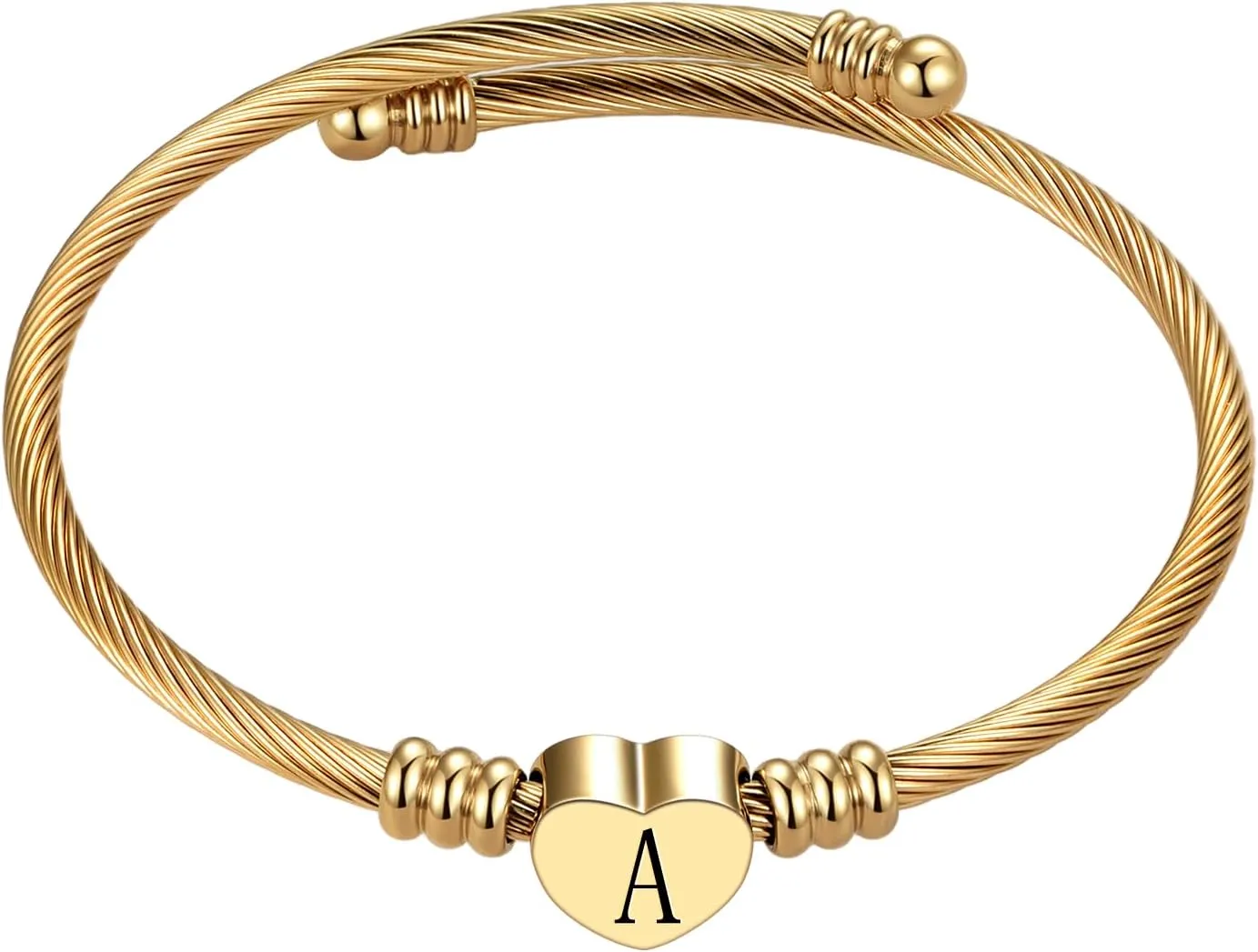 Gold Initial Letter Cuff Bracelets Alphabet A-Z Heart Bangle Bracelets Expandable Stainless Steel Women Personalized Jewelry