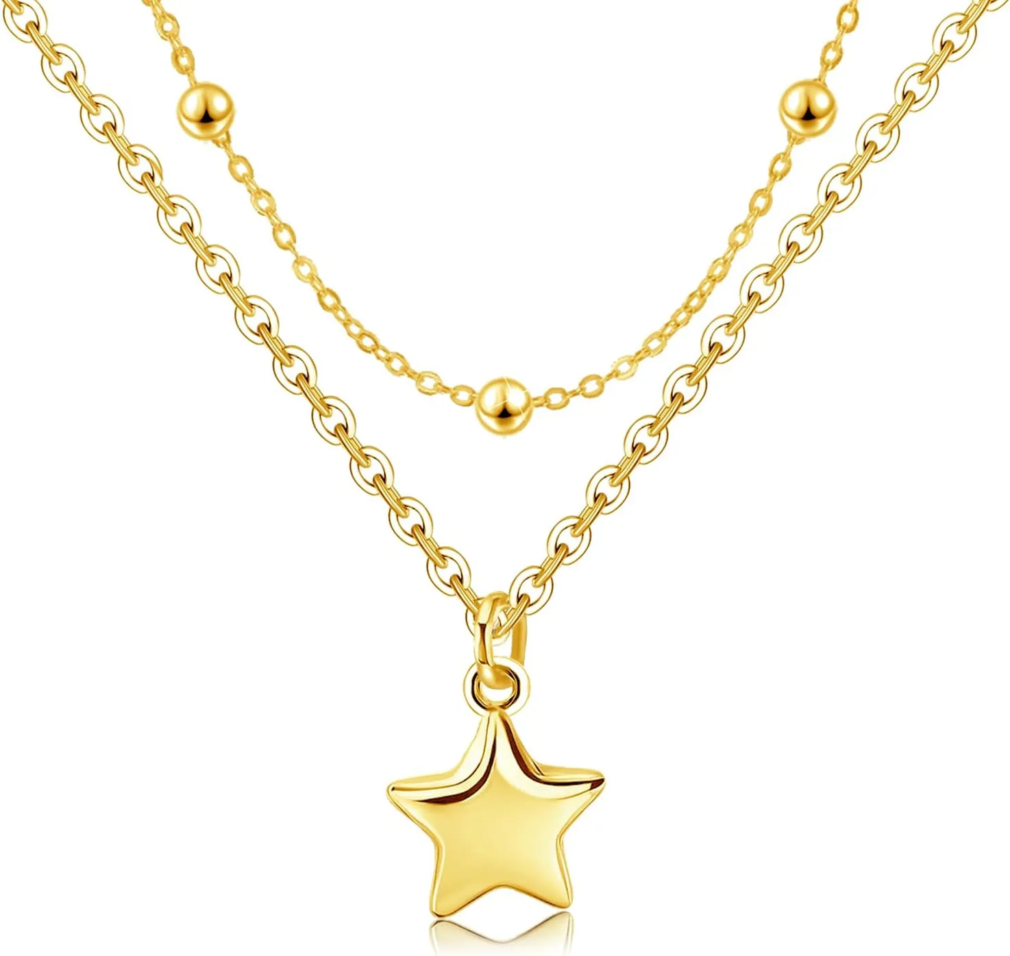 Gold Star Layered Necklaces for Women - Sterling Silver Adjustable Star Pendant Necklace Stacked Bead Double Chain Charm Necklace Fashion Gifts for Christmas Birthday for Teen Girls Girlfriend Wife