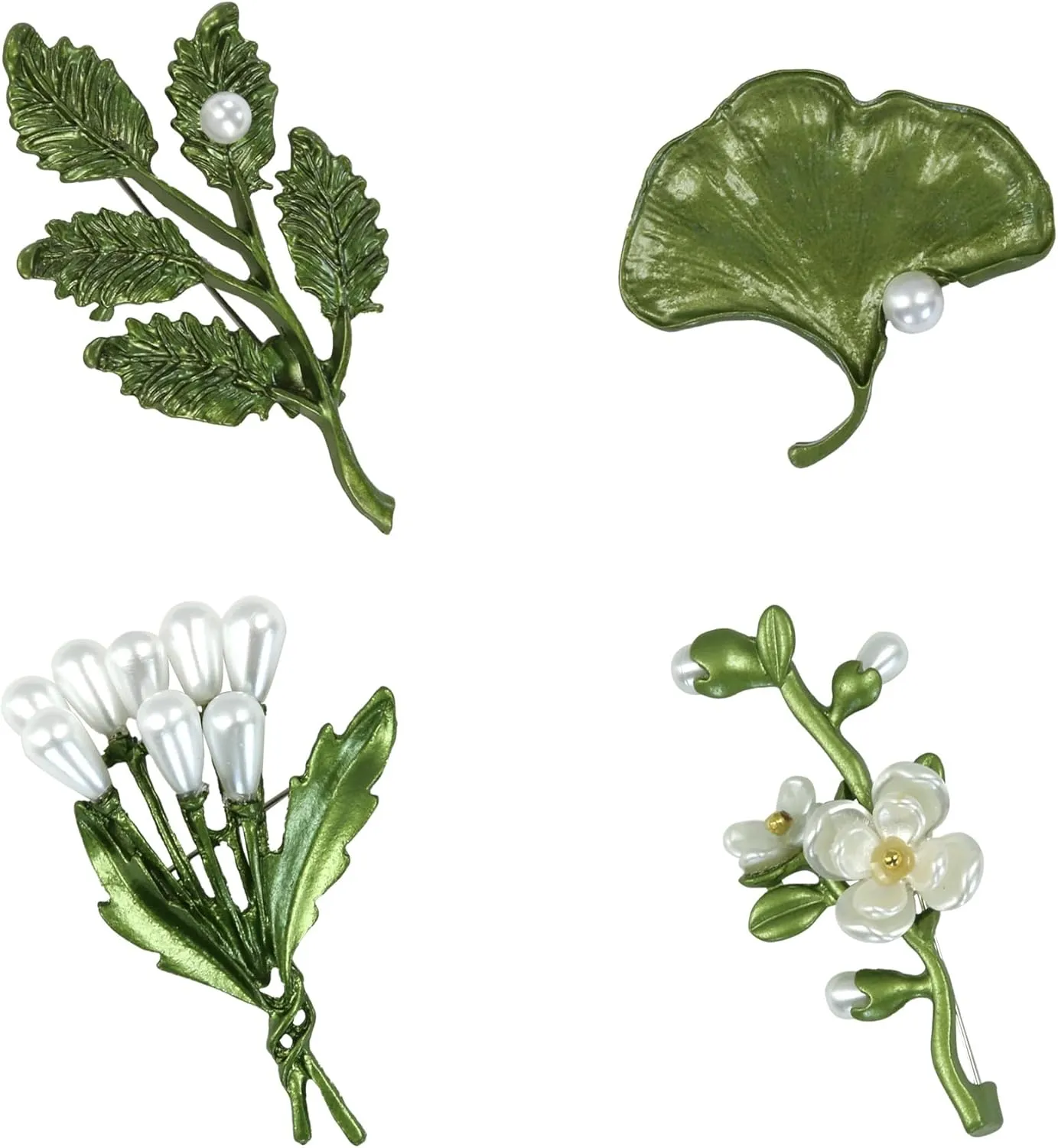 Green Leaf Brooch Pins Set of 4 Leaves with White Faux Pearl Flower Brooches Enamel Lapel Pin Jewelry Accessories for Mother's Day Birthday Women Man Clothes Dress Scarf Party Decoration Gift