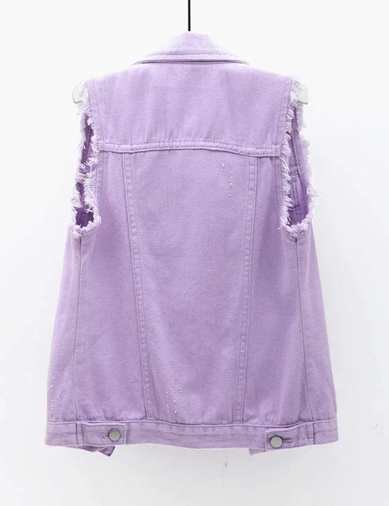 HALITOSS Women's Buttoned Washed Denim Jacket Sleeveless Crop Vest 6 Color
