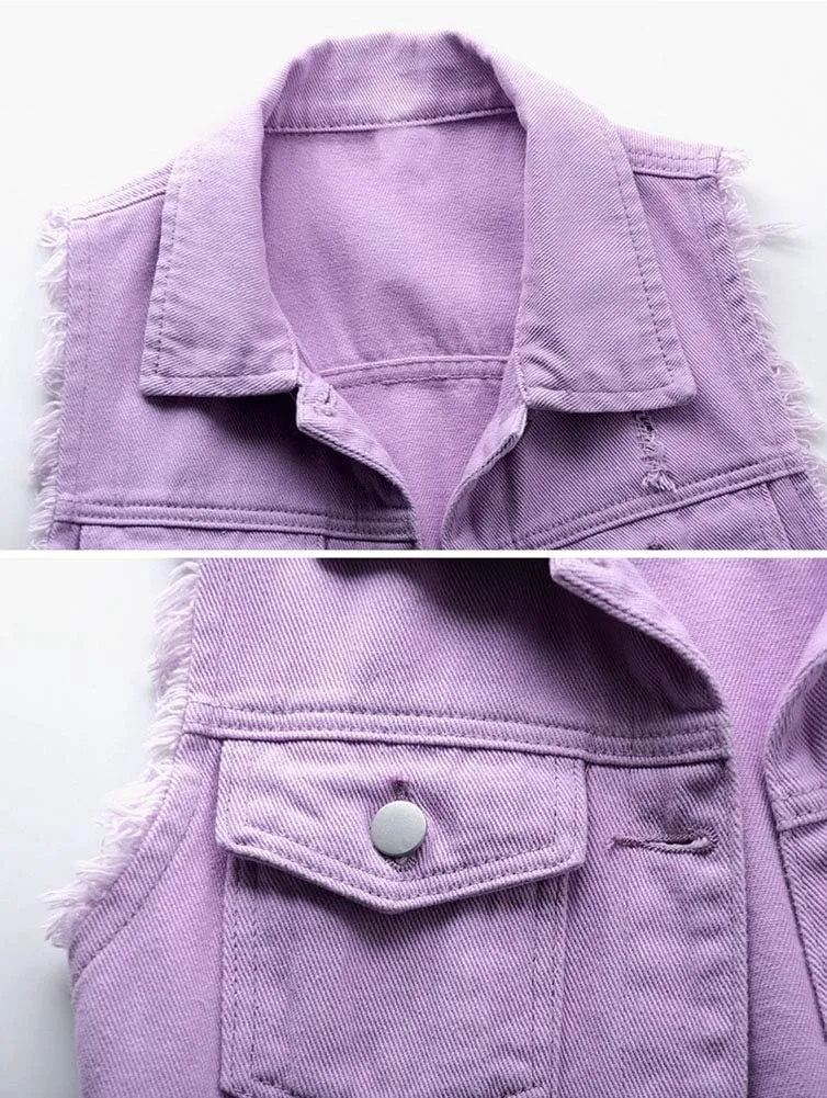 HALITOSS Women's Buttoned Washed Denim Jacket Sleeveless Crop Vest 6 Color