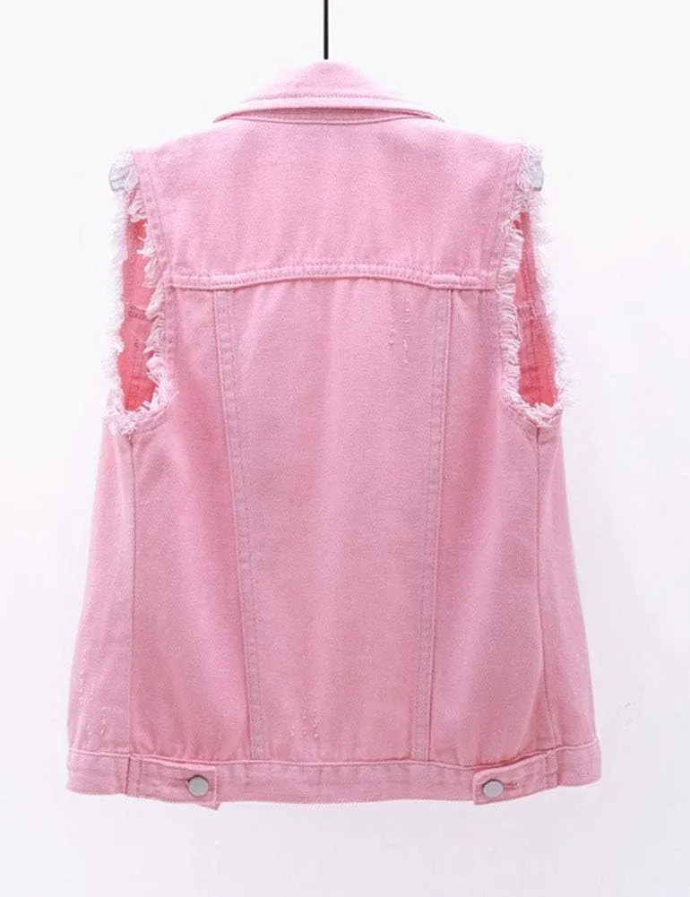 HALITOSS Women's Buttoned Washed Denim Jacket Sleeveless Crop Vest 6 Color