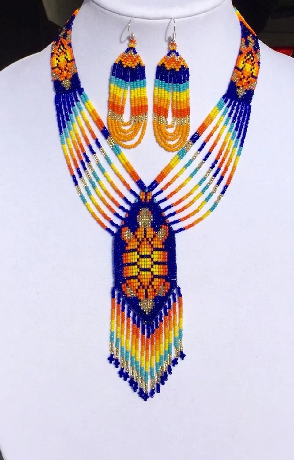 Handmade Beaded Indian Necklace,Inspired by Native American Style Long Necklace Earrings Set,One of a Kind beaded Necklace for Women,Perfect for Occasions, Gifts