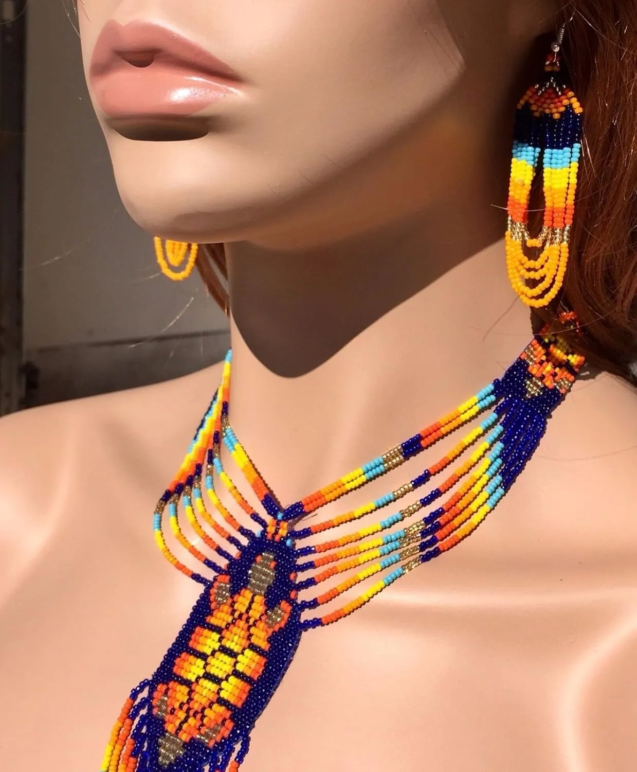 Handmade Beaded Indian Necklace,Inspired by Native American Style Long Necklace Earrings Set,One of a Kind beaded Necklace for Women,Perfect for Occasions, Gifts